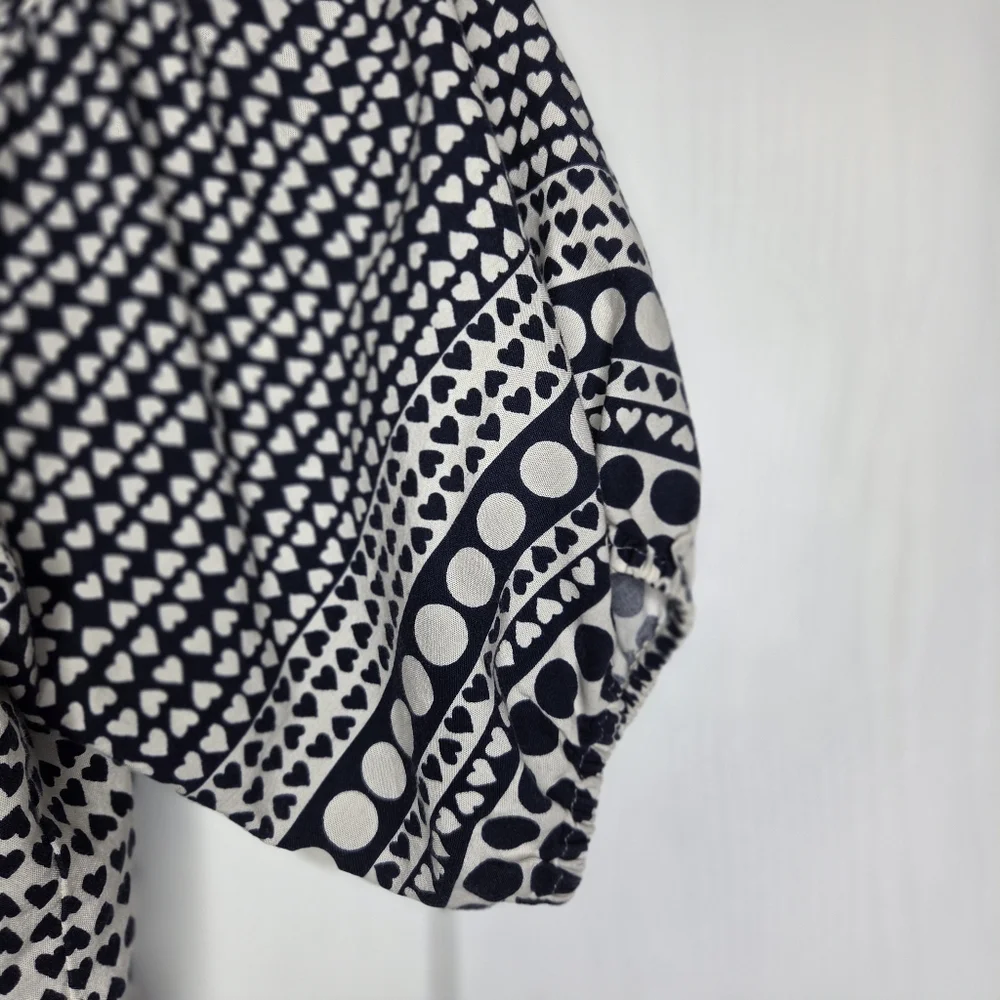 LOFT Navy Blue & White Heart-Print Puff Sleeve Blouse-Size XS Petites